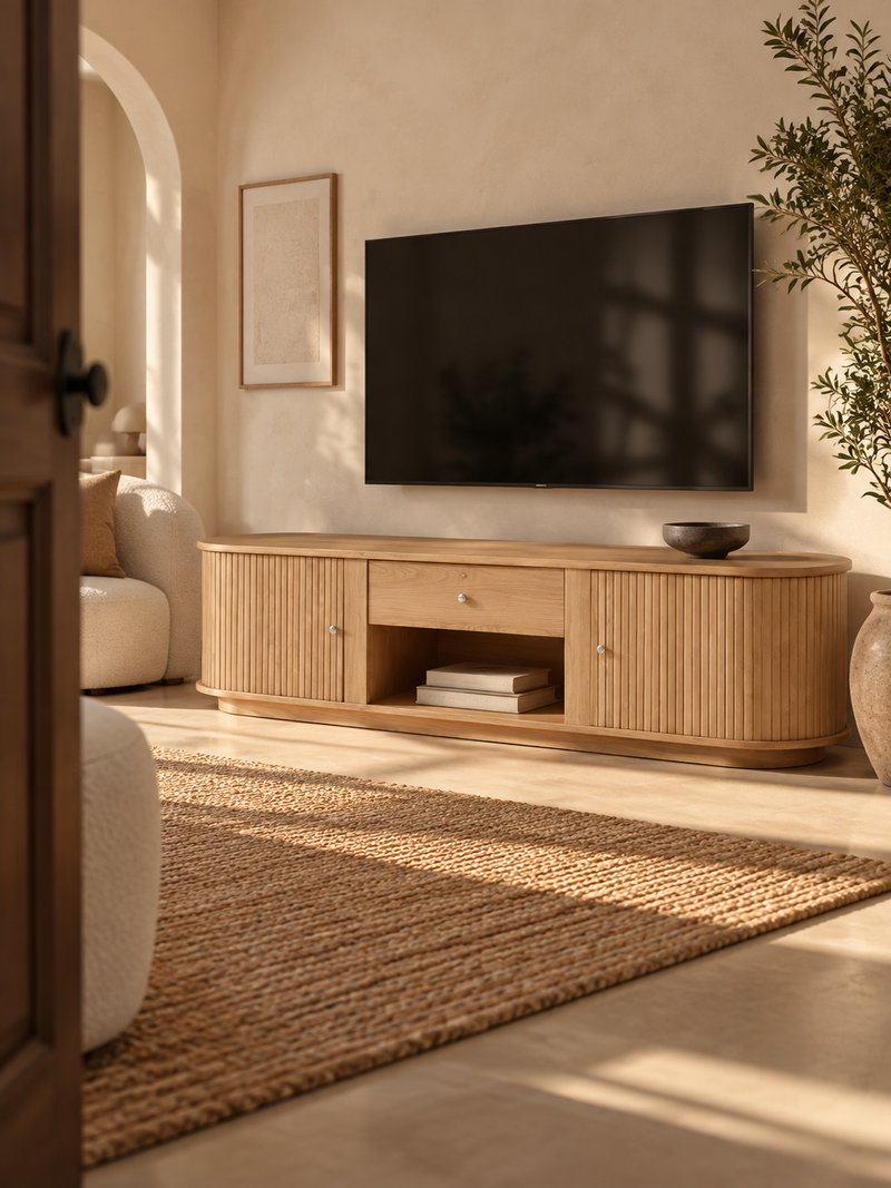 Meuble TV bois 180 cm – portes coulissantes, tiroirs, bords arrondis