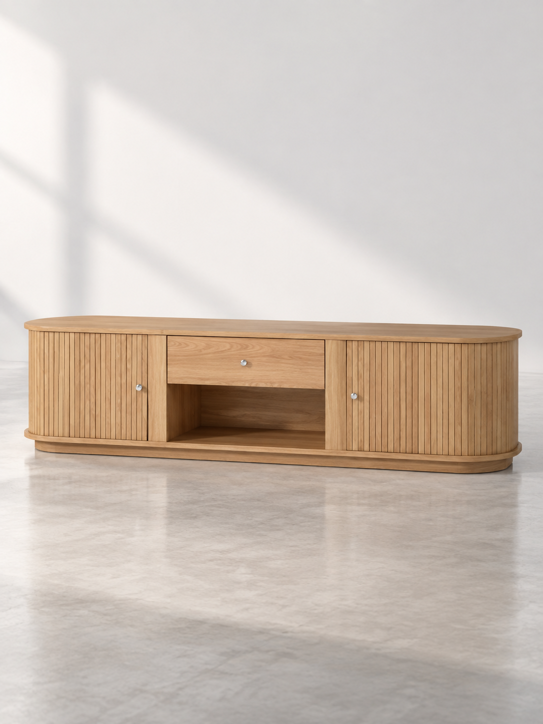 Meuble TV bois 180 cm – portes coulissantes, tiroirs, bords arrondis – vue 2