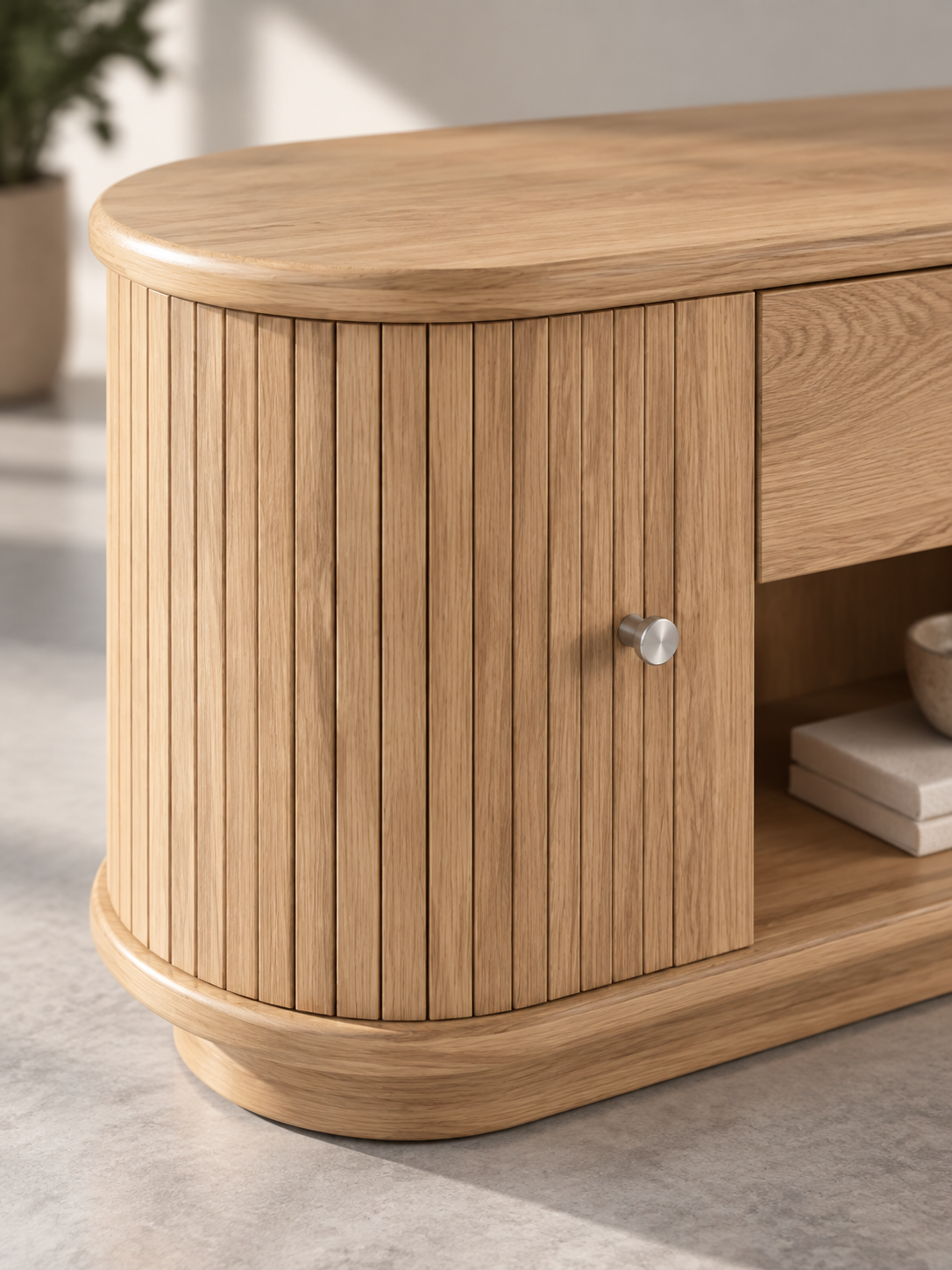 Meuble TV bois 180 cm – portes coulissantes, tiroirs, bords arrondis – vue 3