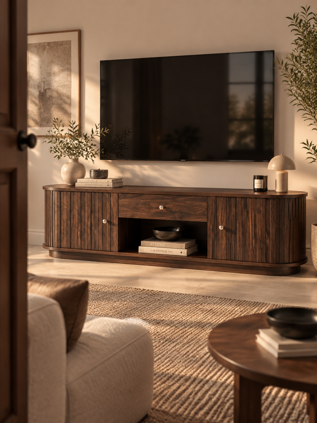 Meuble TV bois 180 cm – portes coulissantes, tiroirs, bords arrondis – vue 5