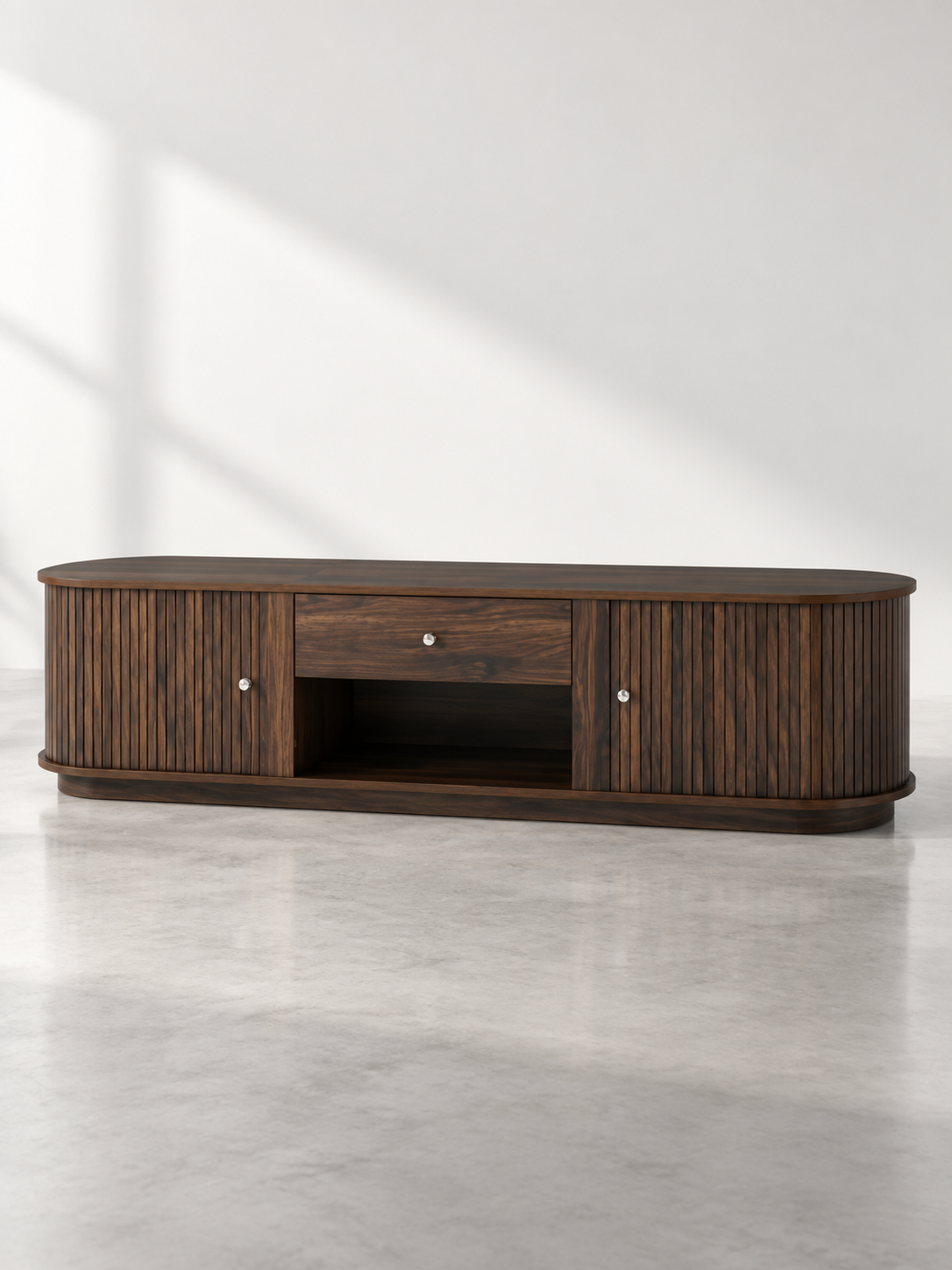 Meuble TV bois 180 cm – portes coulissantes, tiroirs, bords arrondis – vue 6