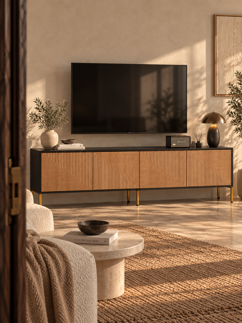 Meuble TV noir et doré 179 cm – finition structurée