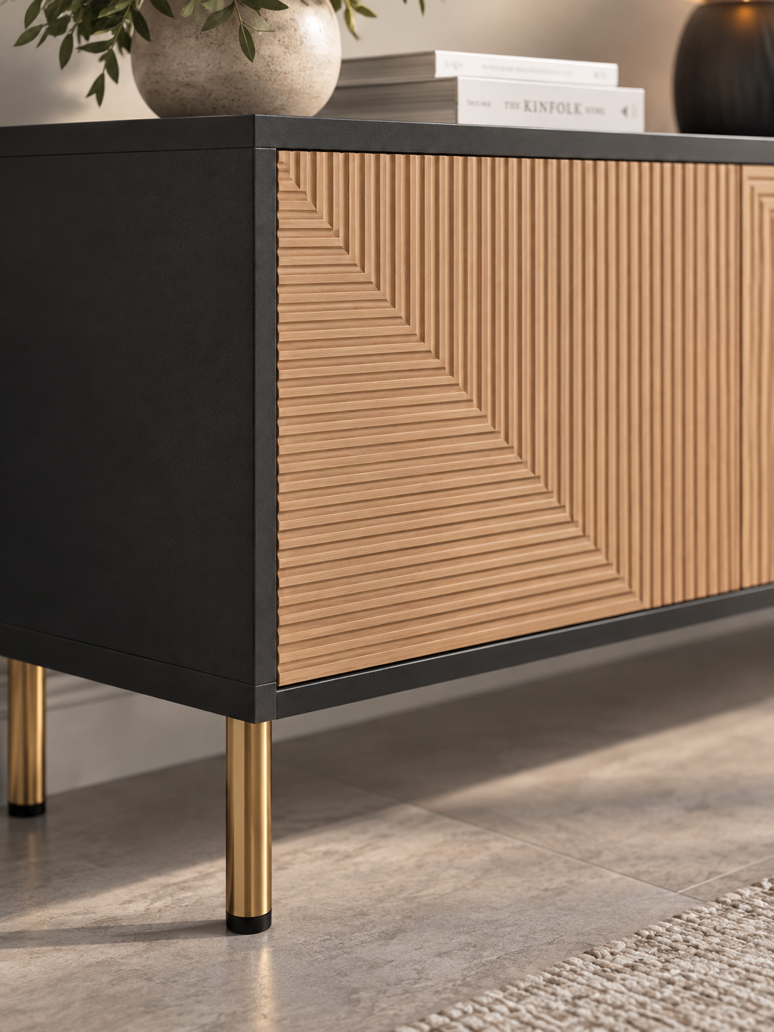 Meuble TV noir et doré 179 cm – finition structurée – vue 3