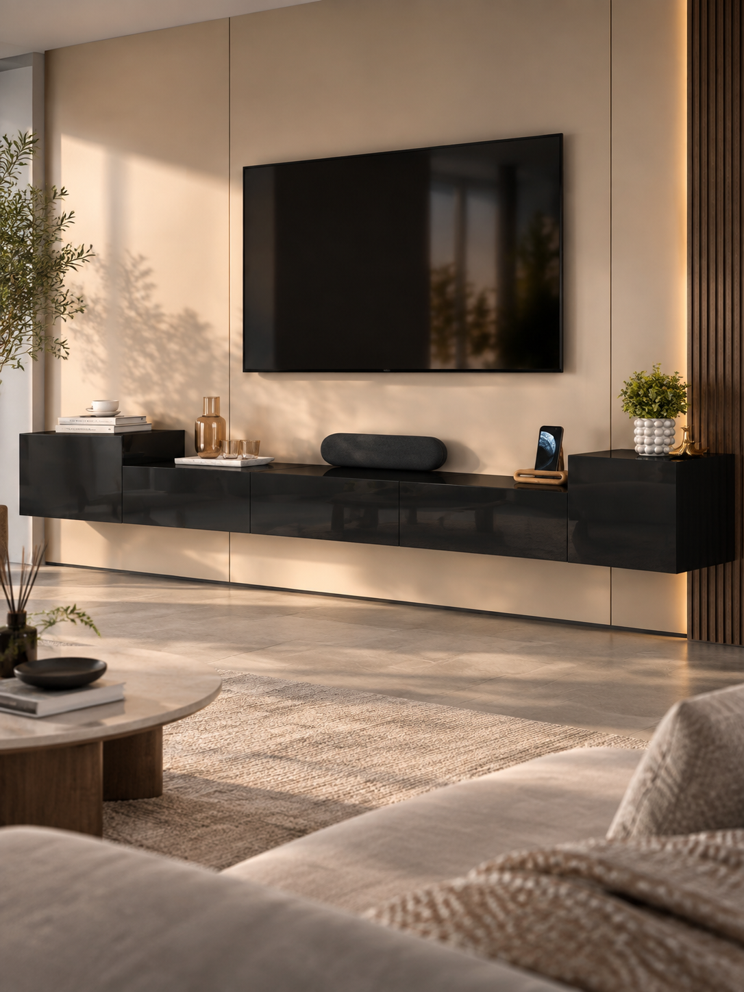 Meuble TV suspendu noir – portes brillantes – vue 1