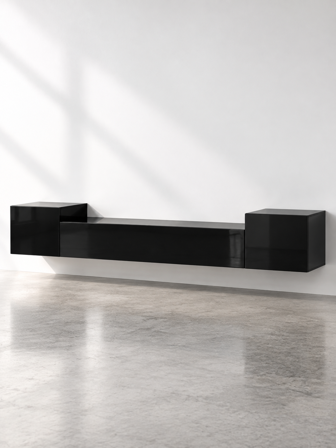Meuble TV suspendu noir – portes brillantes – vue 2