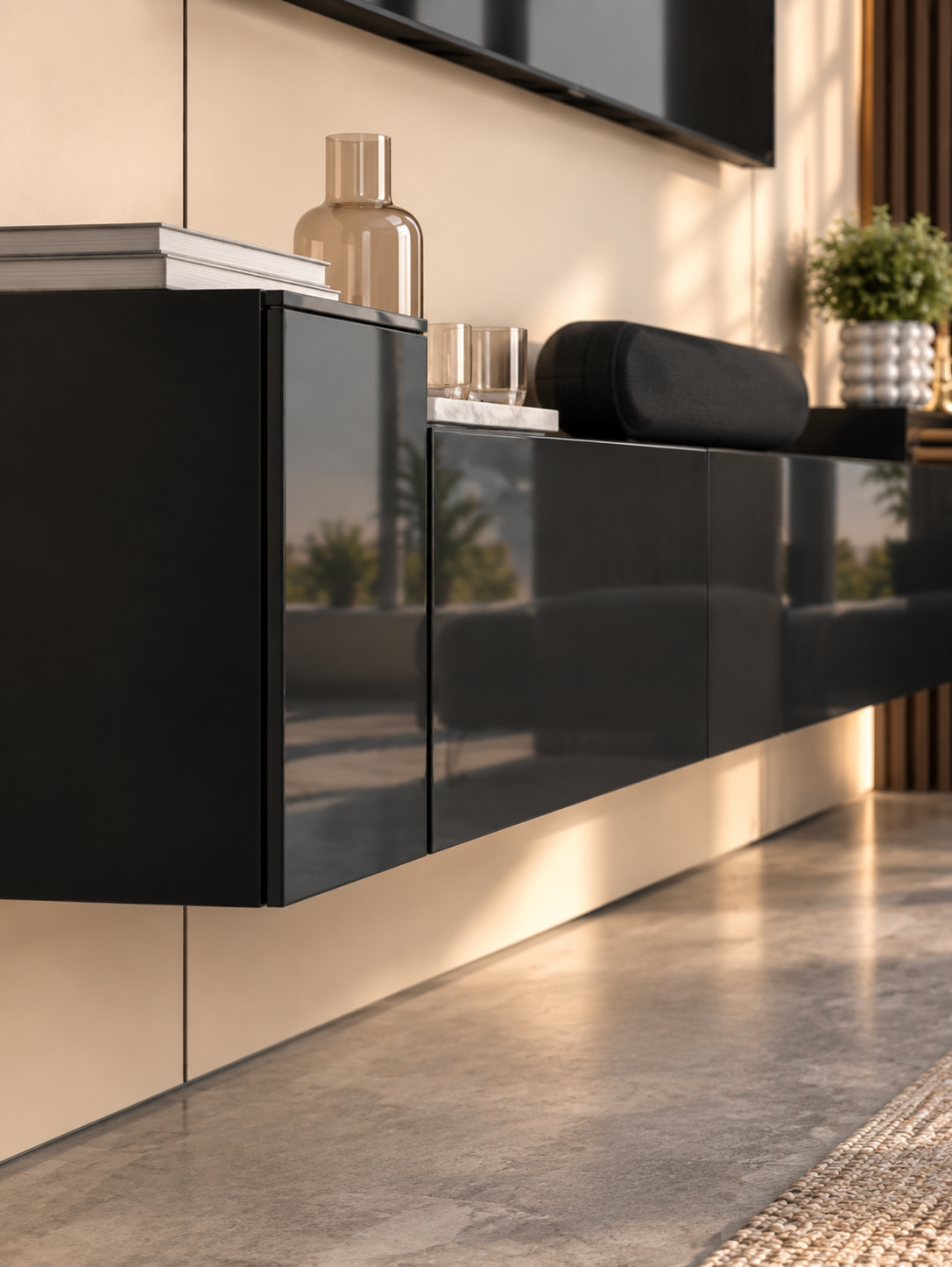 Meuble TV suspendu noir – portes brillantes – vue 3