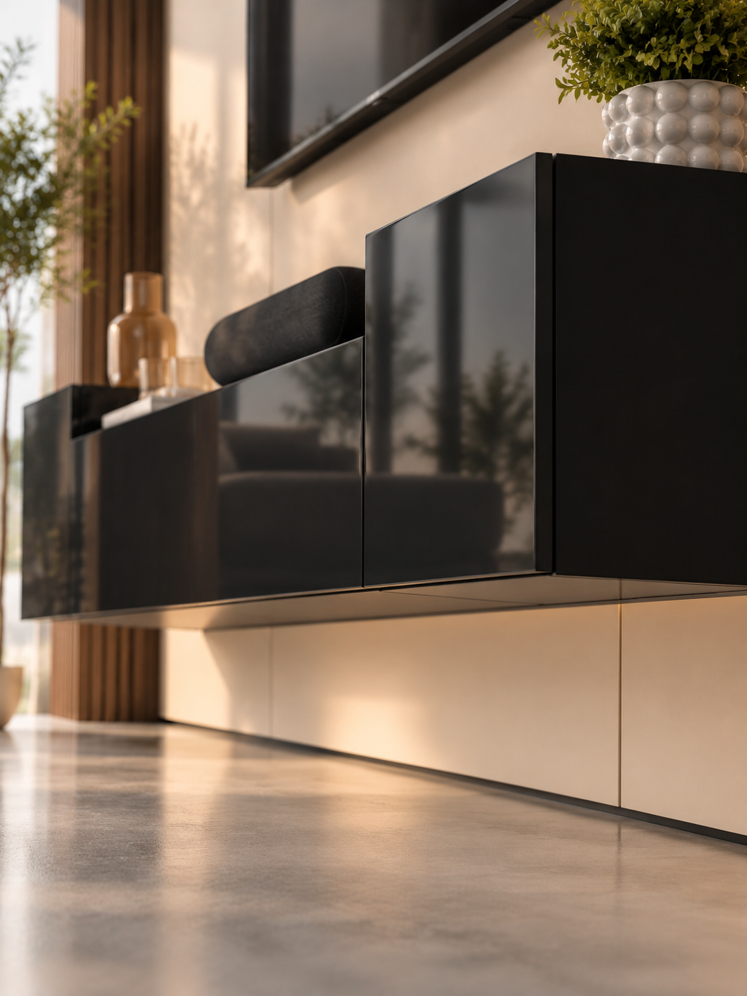 Meuble TV suspendu noir – portes brillantes