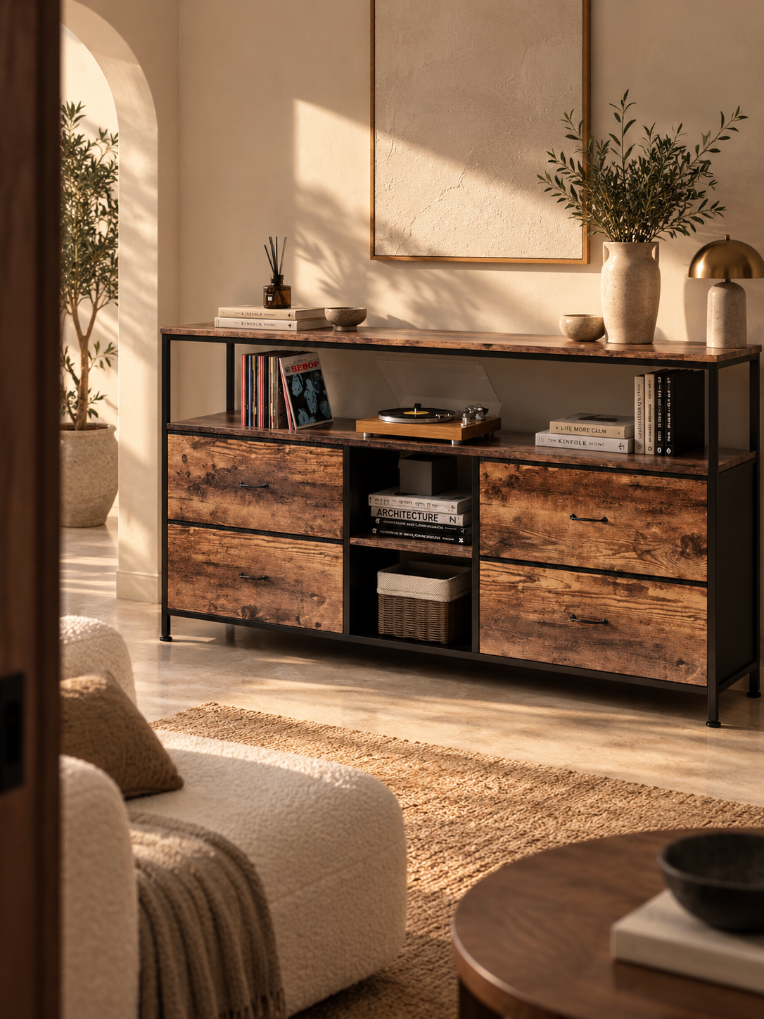 Meuble TV noir 108 cm – 4 tiroirs, cadre métallique – vue 1