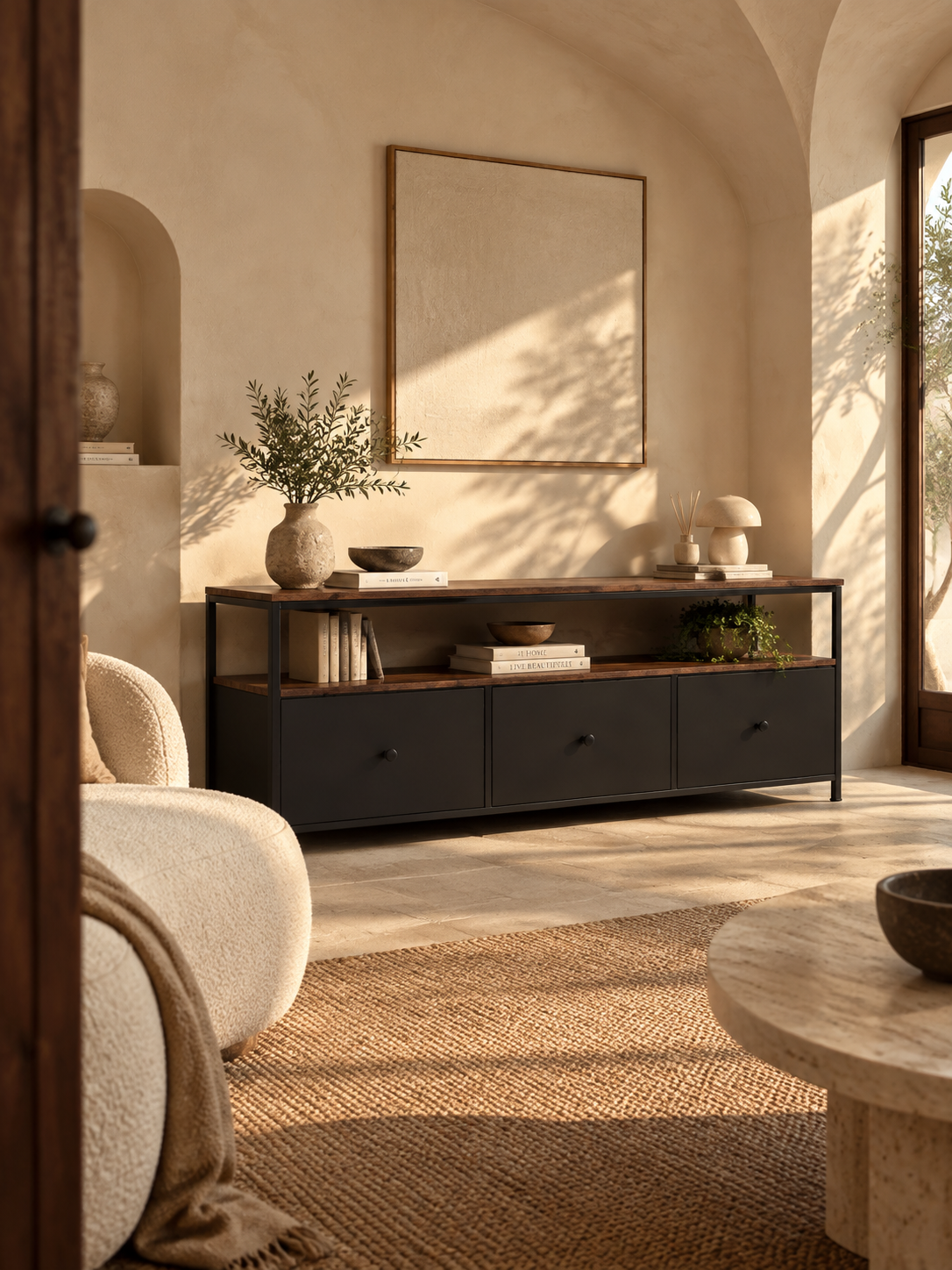 Meuble TV noir compact 137 cm – 3 tiroirs, cadre métallique – vue 1