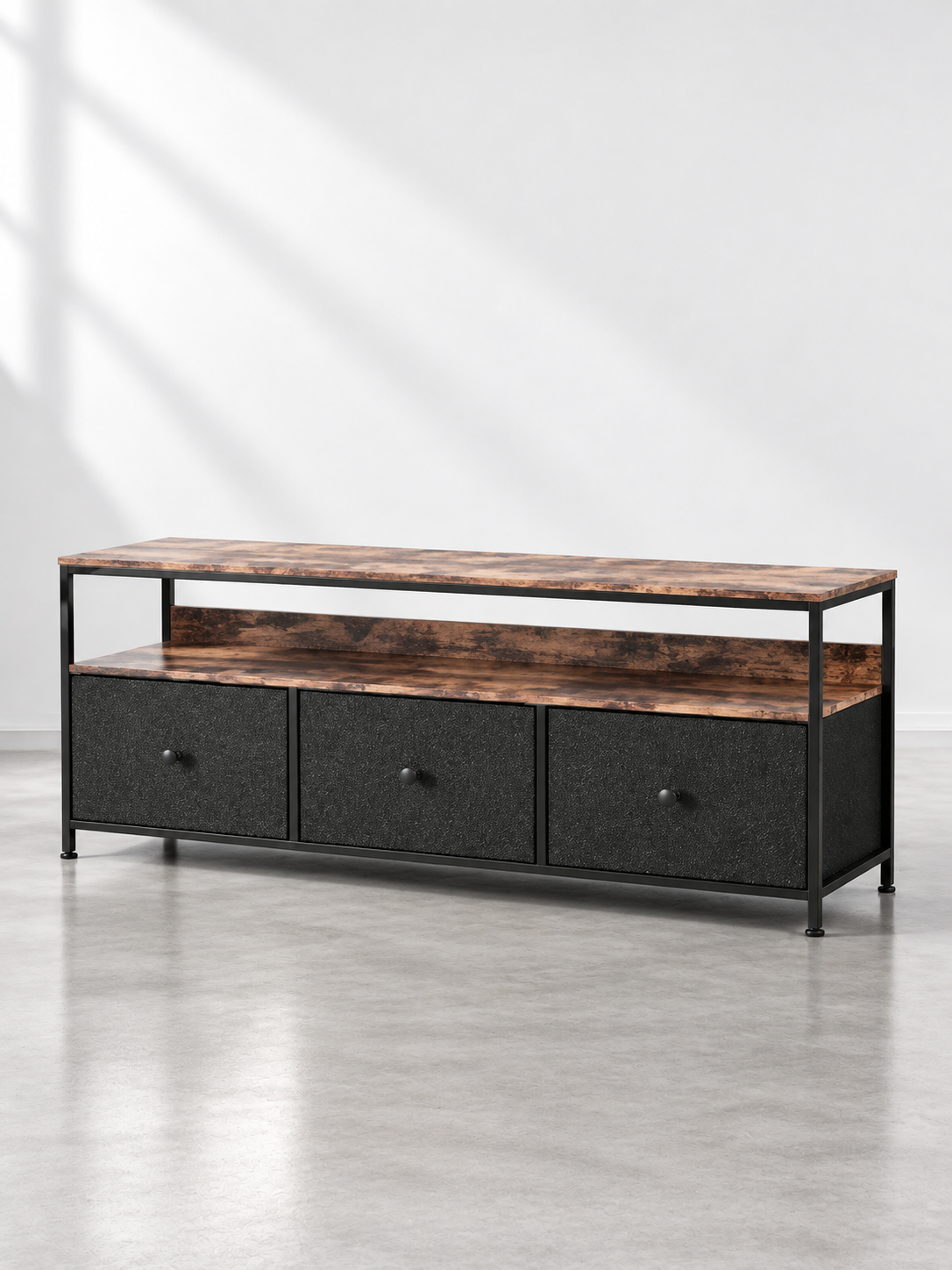Meuble TV noir compact 137 cm – 3 tiroirs, cadre métallique – vue 2