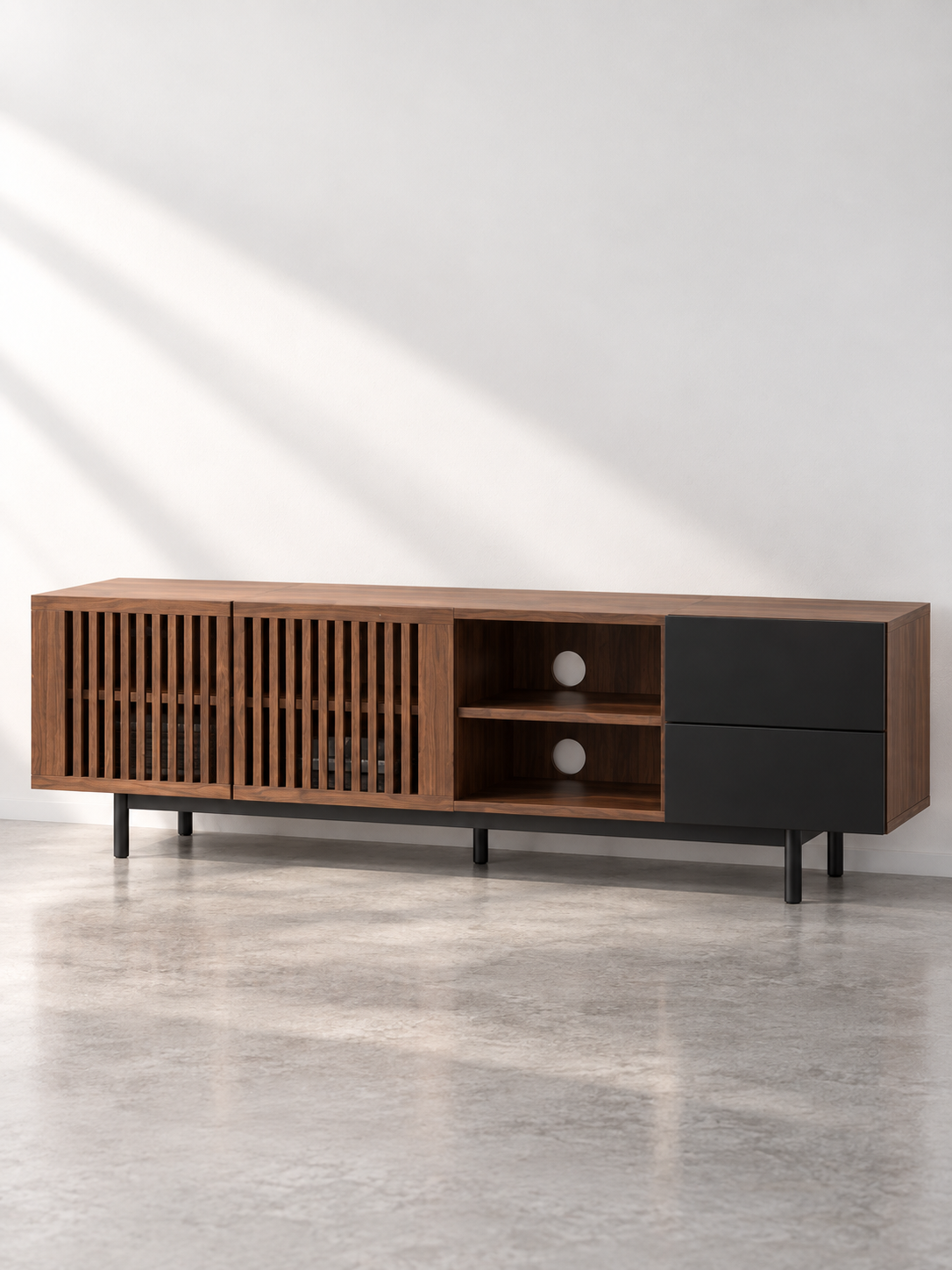 Meuble TV noyer et noir 160 cm – portes persiennes, tiroirs – vue 2