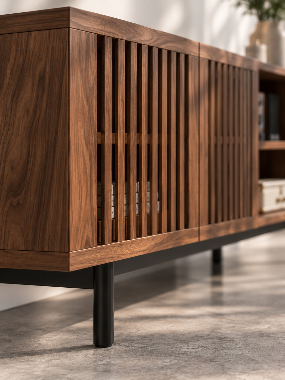 Meuble TV noyer et noir 160 cm – portes persiennes, tiroirs – vue 3