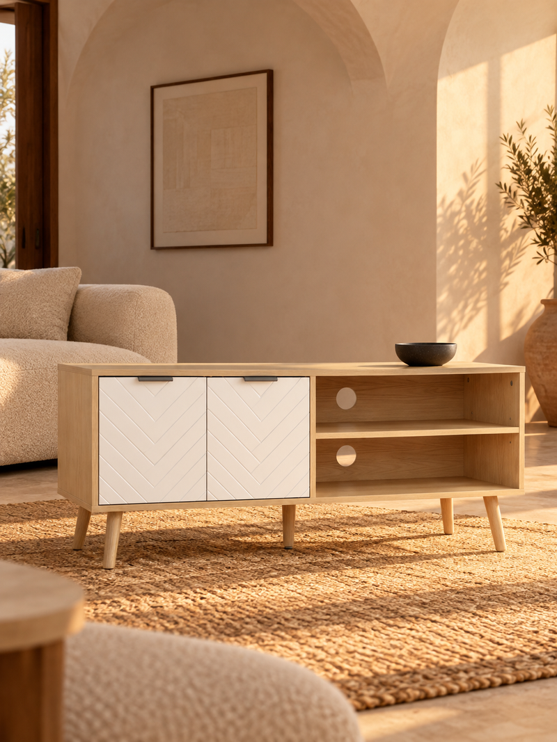 Meuble TV scandinave blanc 110 cm – 2 portes, 2 niches