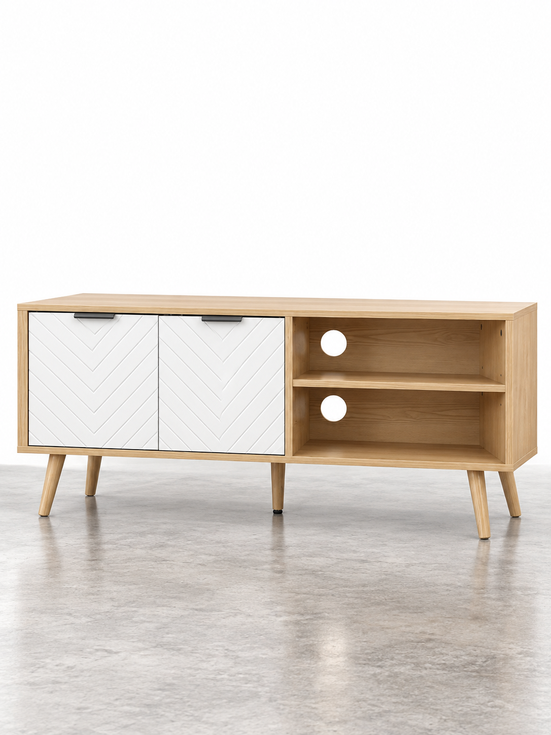 Meuble TV scandinave blanc 110 cm – 2 portes, 2 niches – vue 3