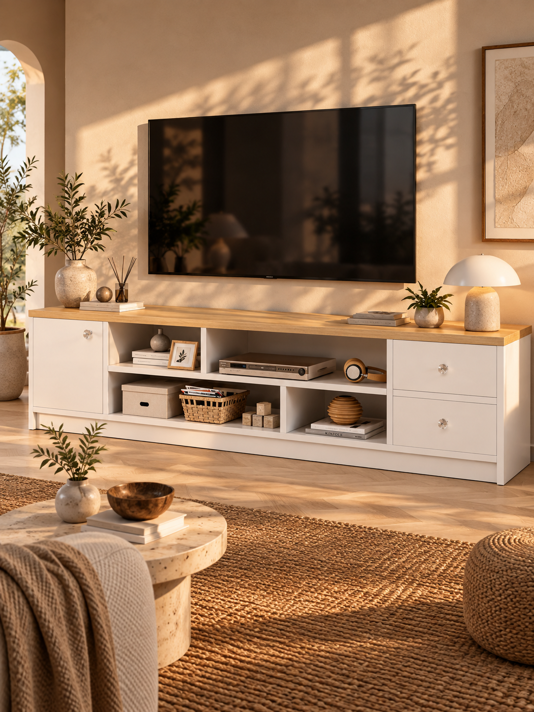 Meuble TV scandinave blanc et bois 140 cm – tiroirs, niches – vue 1