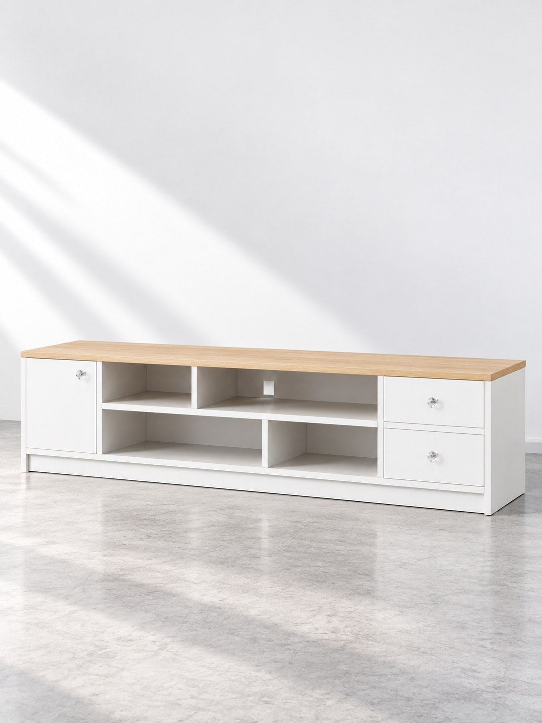 Meuble TV scandinave blanc et bois 140 cm – tiroirs, niches – vue 2