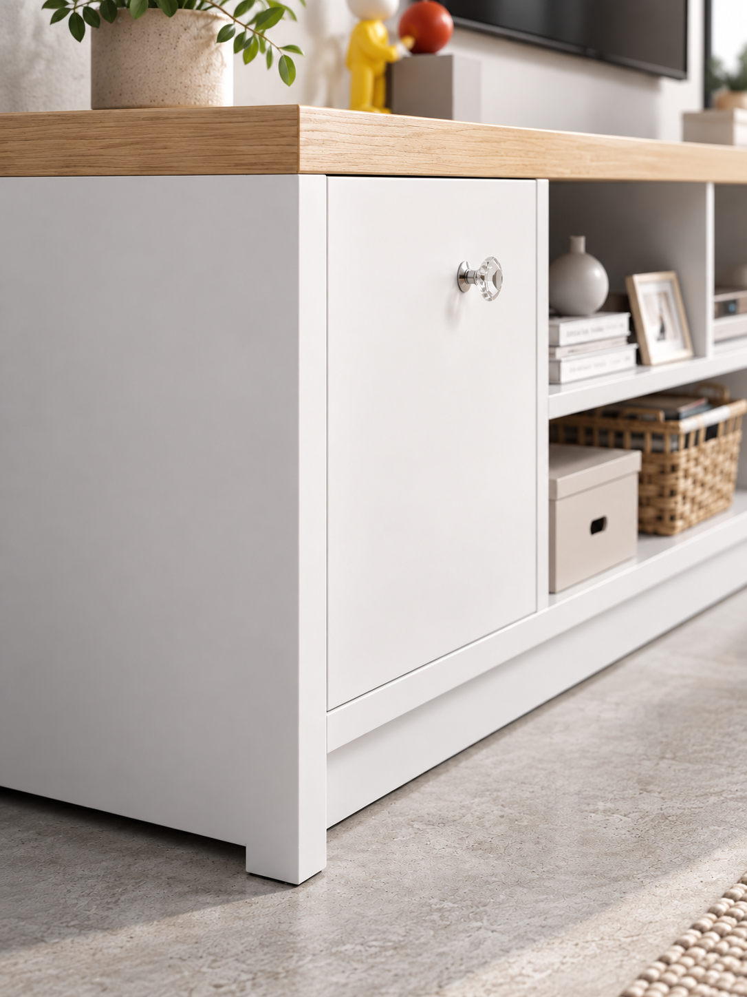 Meuble TV scandinave blanc et bois 140 cm – tiroirs, niches – vue 3