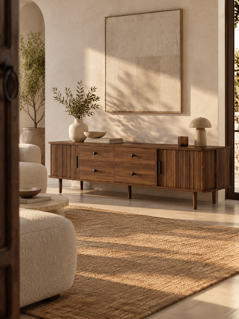 Meuble TV scandinave noyer – 4 tiroirs, 2 portes coulissantes