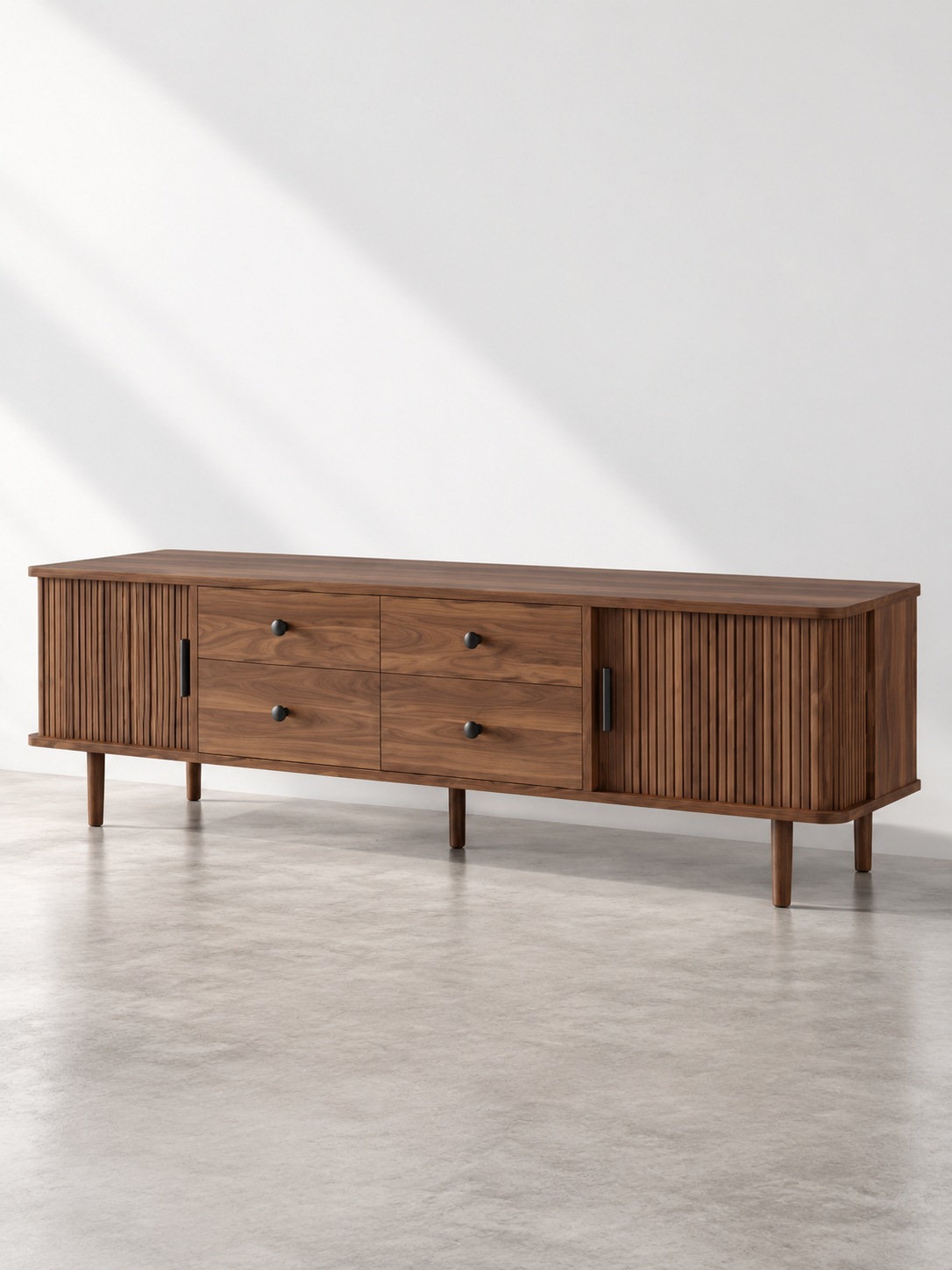 Meuble TV scandinave noyer – 4 tiroirs, 2 portes coulissantes – vue 2