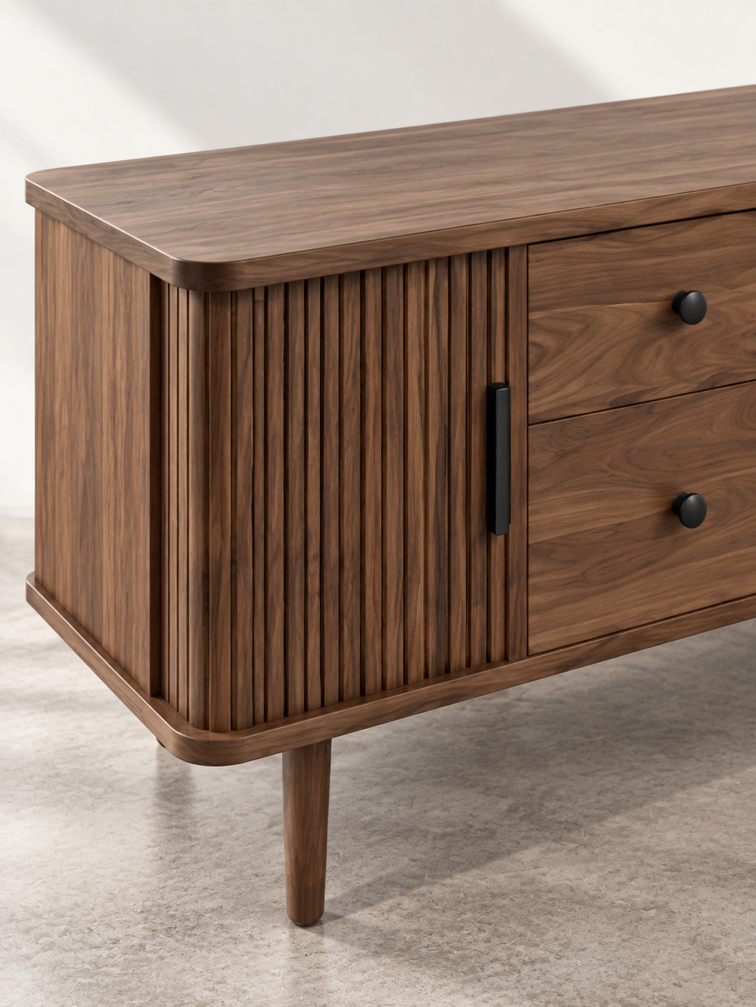 Meuble TV scandinave noyer – 4 tiroirs, 2 portes coulissantes – vue 3