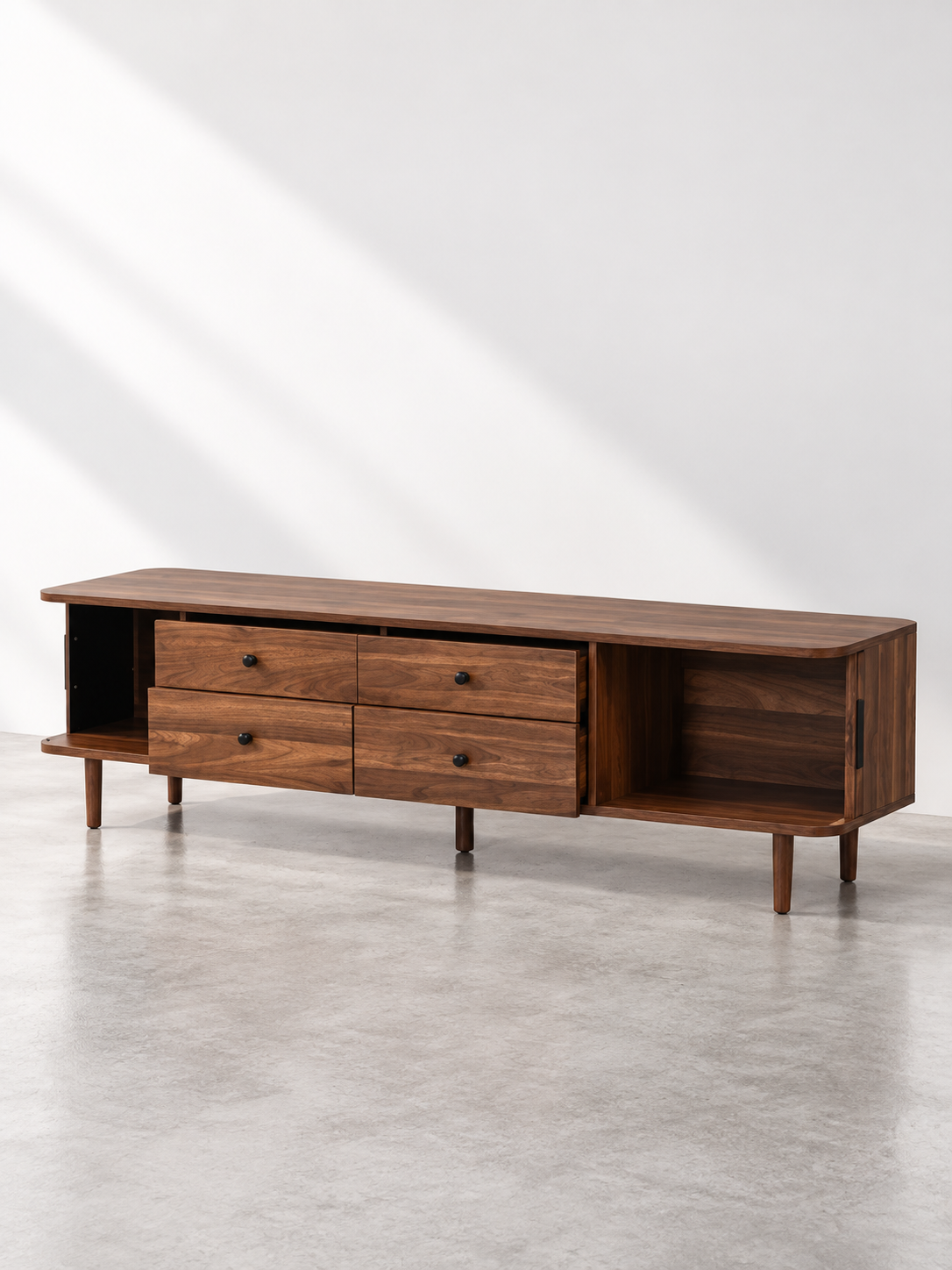 Meuble TV scandinave noyer – 4 tiroirs, 2 portes coulissantes – vue 4
