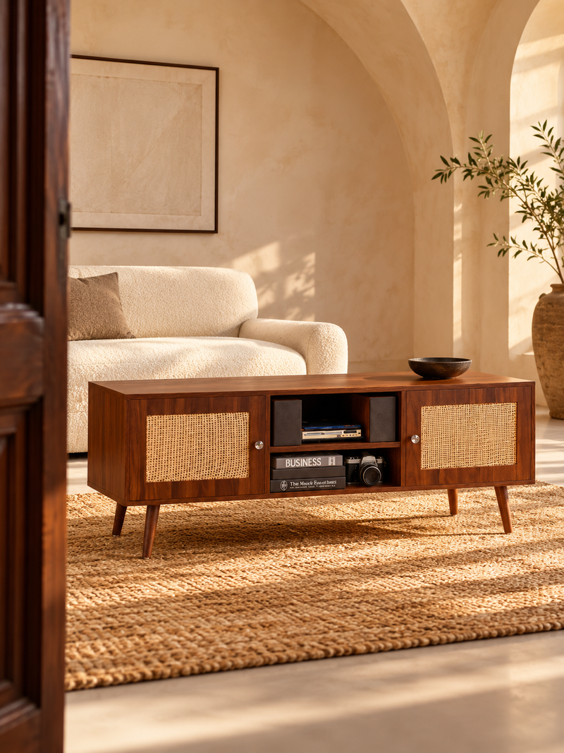 Meuble TV rotin mid-century – ports USB intégrés