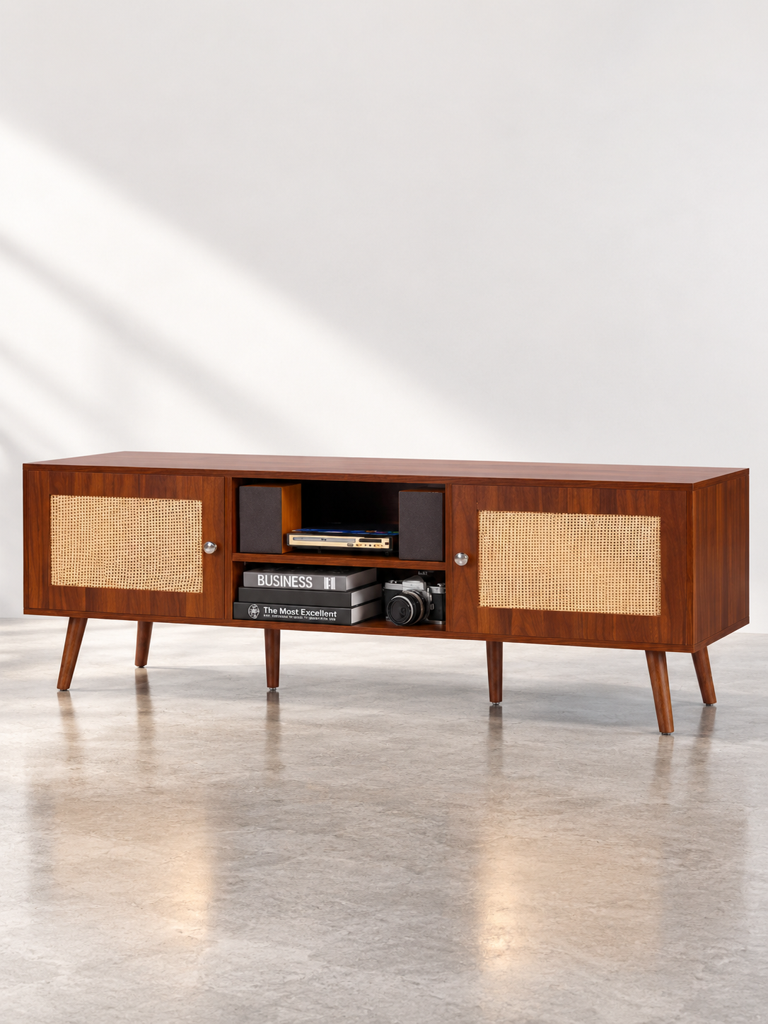 Meuble TV rotin mid-century – ports USB intégrés – vue 2