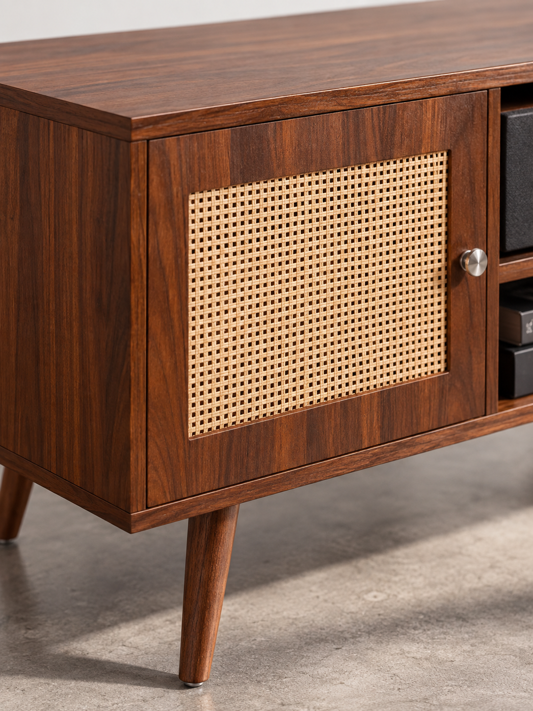 Meuble TV rotin mid-century – ports USB intégrés – vue 4