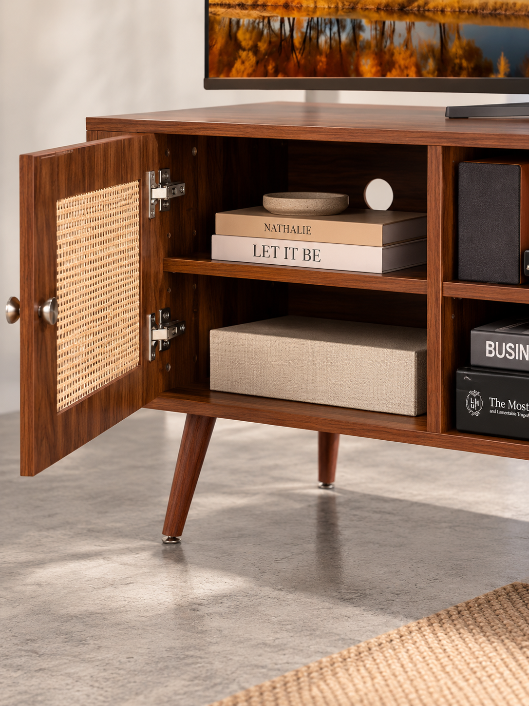 Meuble TV rotin mid-century – ports USB intégrés – vue 5