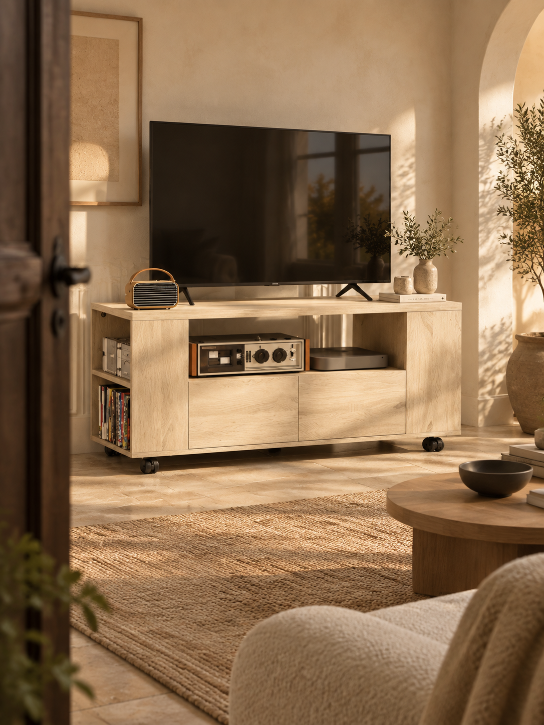 Meuble TV sur roulettes 102 cm – 2 tiroirs – vue 1