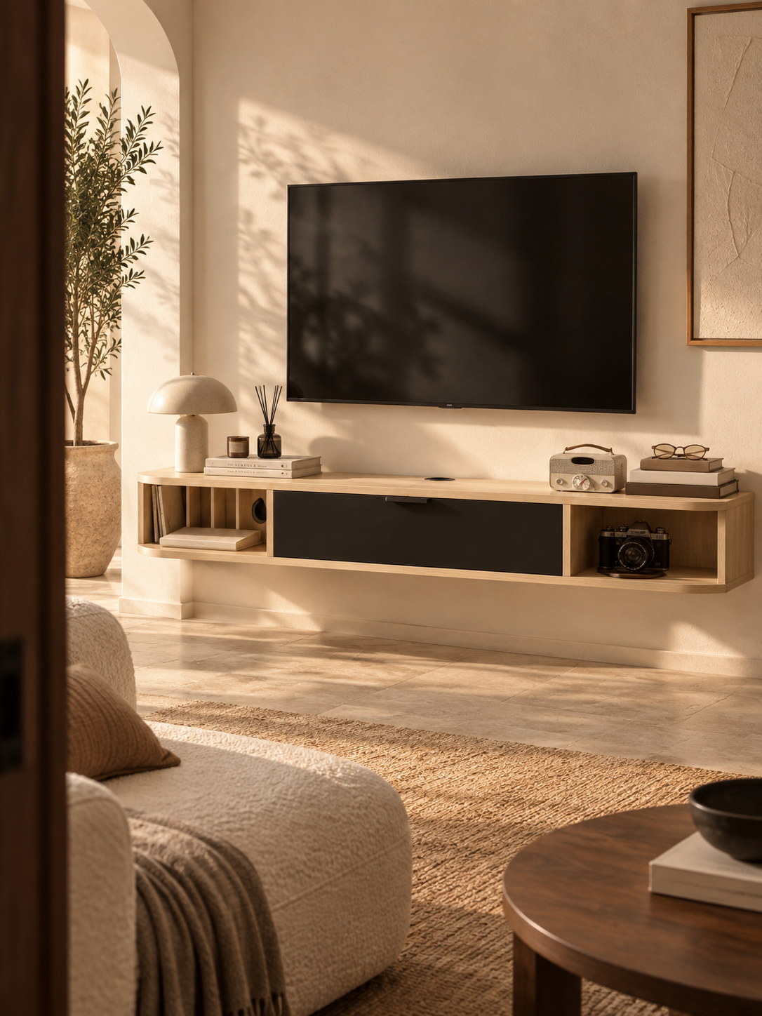 Meuble TV suspendu 120 cm – tiroir rabattable – vue 1