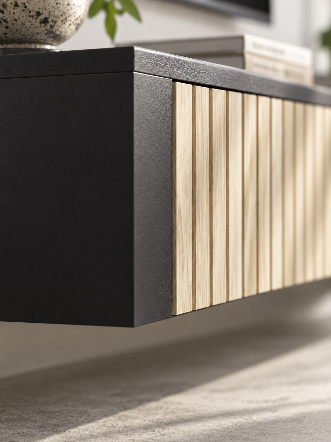 Meuble TV suspendu bois naturel et noir 140 cm – portes cannelées – vue 3