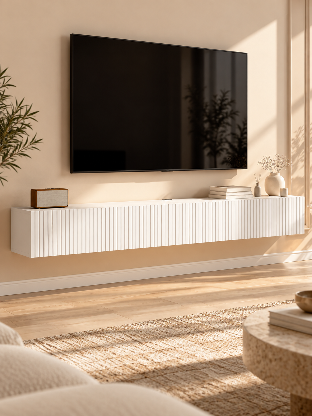 Meuble TV suspendu blanc cannelé 180 cm – vue 1